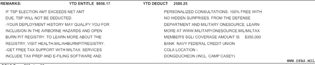 Army LES remarks section for service members in Korea